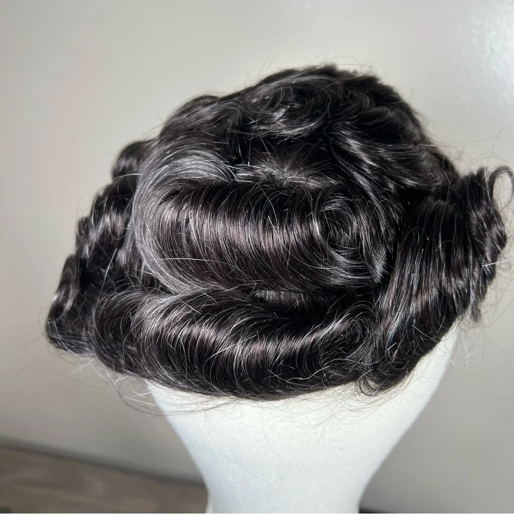 Dark Brown with Gray Human Hair Wavy 8x10 Inch Toupee Hair System